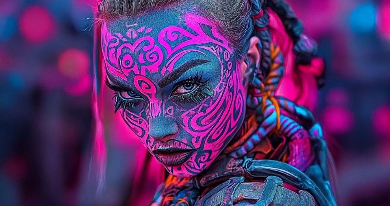 Electrifying Gaze: Neon Tribal Shaman Captivates